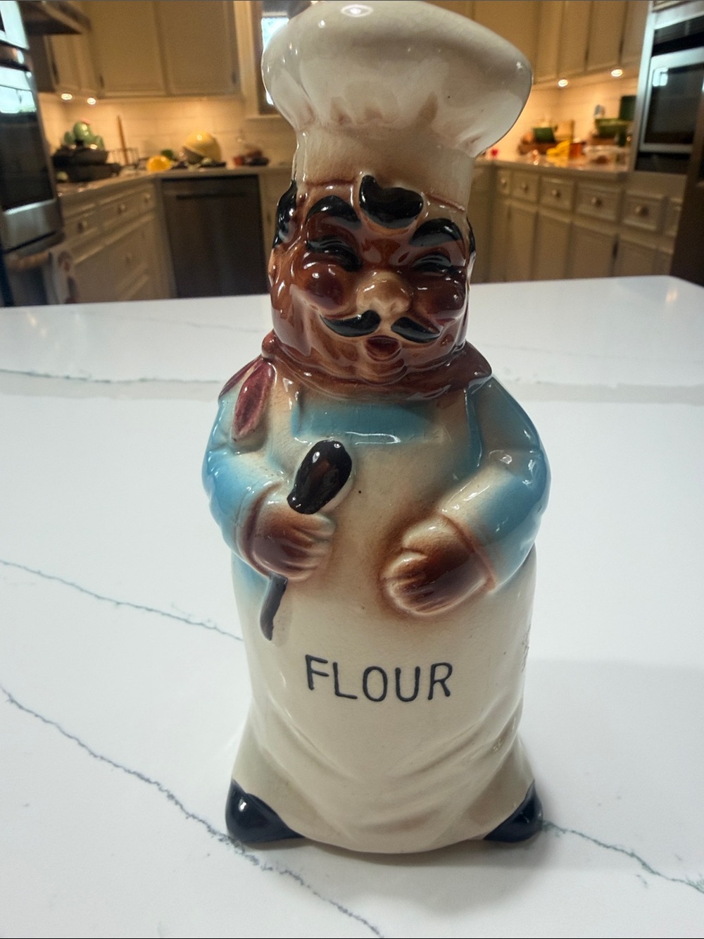 Vintage Ceramic Chef Flour Canister - Blue & Cream